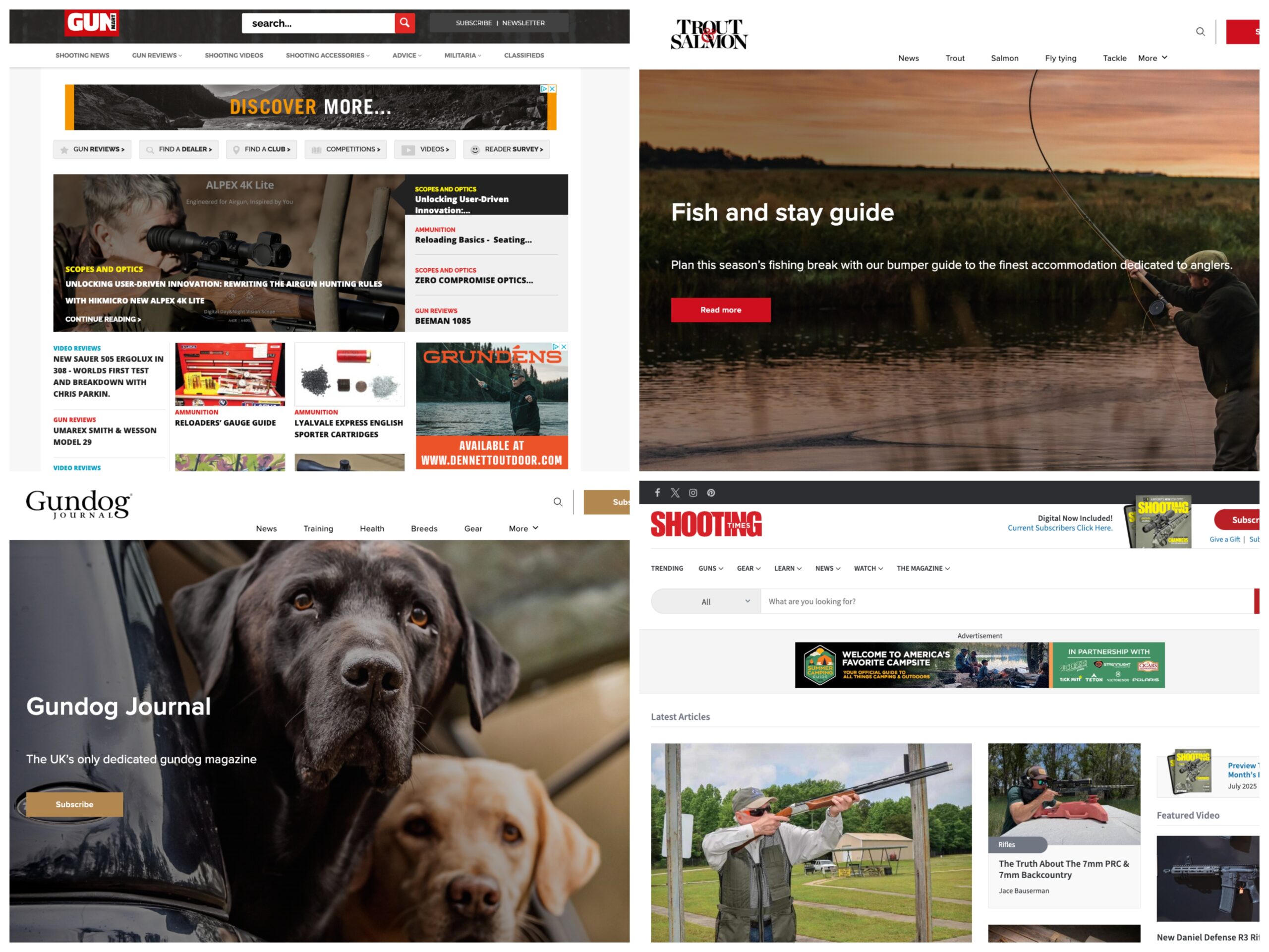 A montage of homepages from field sports and shooting focused publisher Time Well Spent Group, featuring several pictures of men peering down rifle sights, an angler casting his line, and two dogs sticking their heads out the back of a car.
